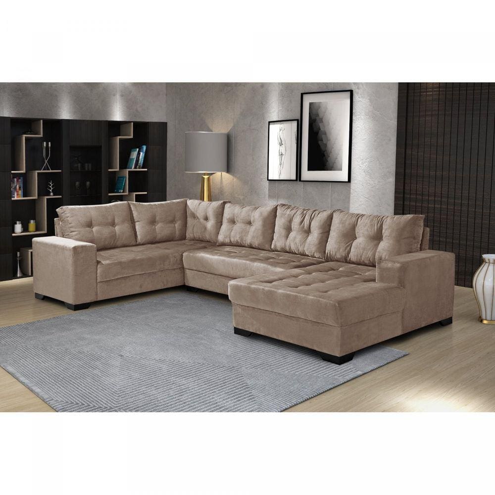 Sofá de Canto 6 Lugares com Chaise Bia Império Estofados Chocolate