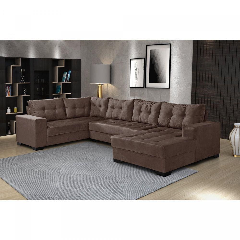 Sofá de Canto 6 Lugares com Chaise Bia Império Estofados Marrom