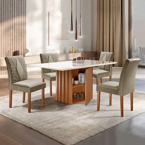 Conjunto Sala de Jantar Mesa Tampo Slim Plus Vidro 120x90cm com 4 Cadeiras Elis Cel Móveis Cinamomo/Off White/Suede Marrom Claro Cel Móveis