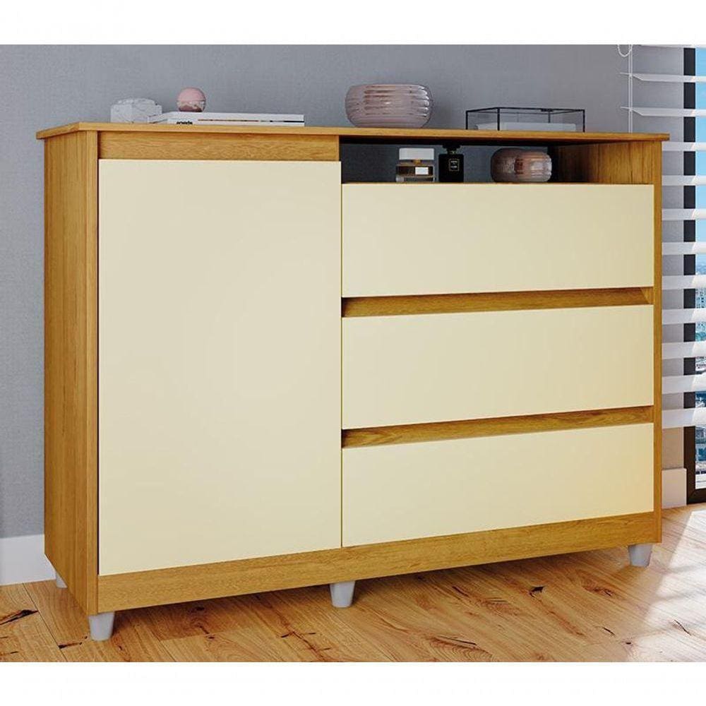 Cômoda Quarto Sky Com 3 Gavetas 1 Porta Mel/Perola