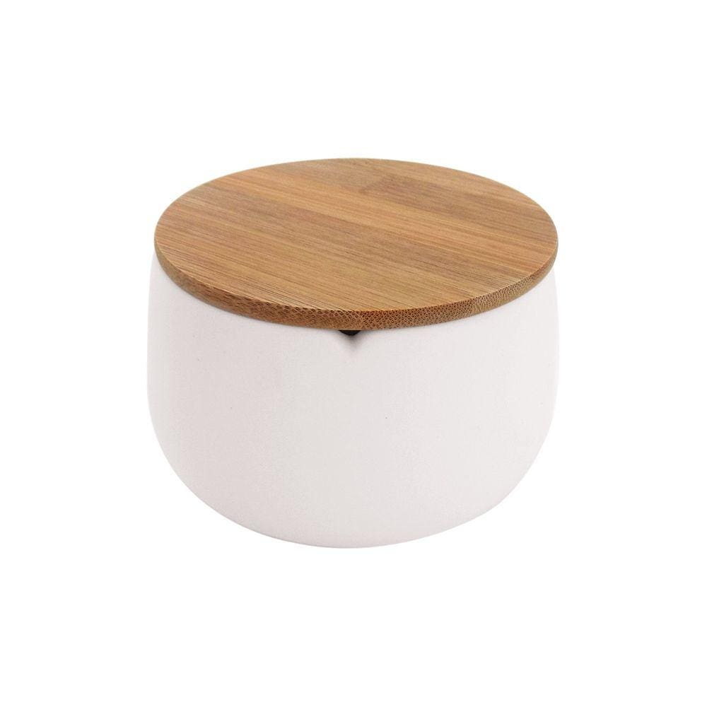 Porta Algodão Em Cerâmica Com Tampa de Bambu 12,5cm