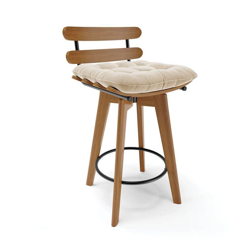 Banqueta Giratória Costela Suede Base Madeira Ma70 Cor Bege