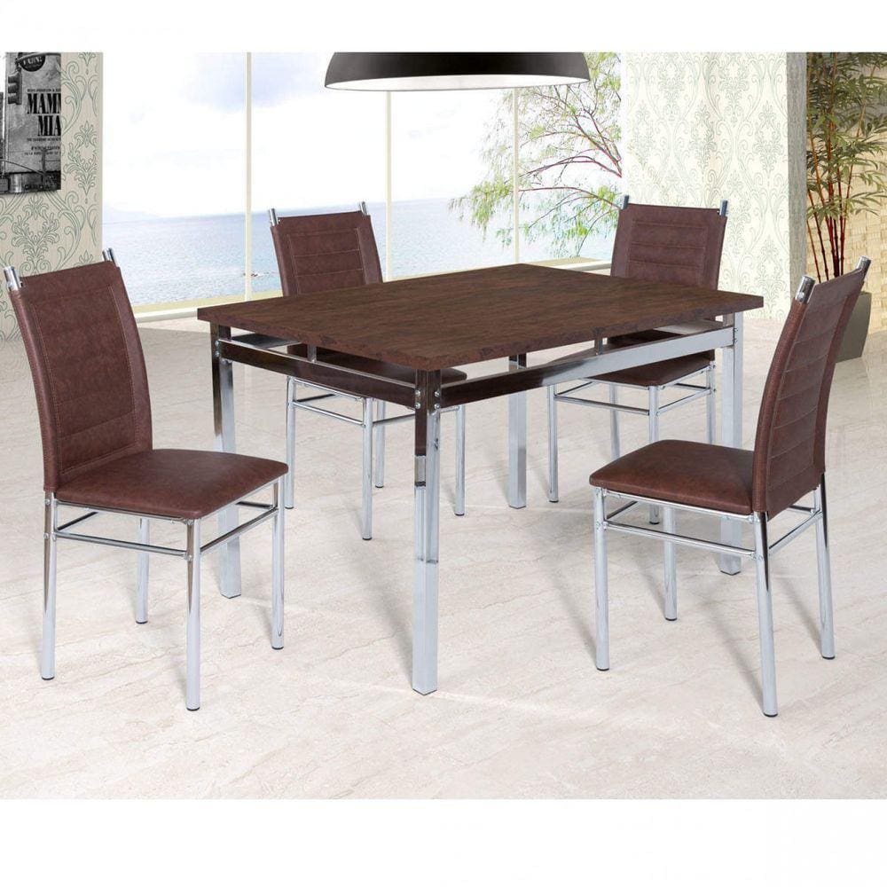 Conjunto Sala de Jantar Tokio Mesa Riviera 4 Cadeiras Art Panta Cromado/Castanho Rust