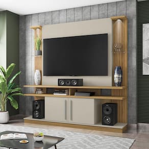 Estante Home York com LED e Prateleiras de Vidro Tradicional Moderno Móveis Bechara Cinamomo/Off White/Ripado