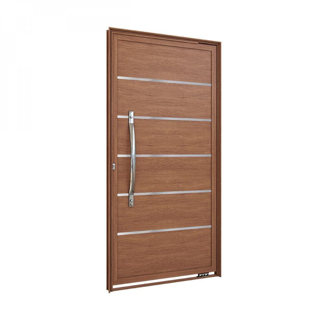 Porta de Alumínio Pivotante Lambri 215x105cm Madeirada com Friso e Puxados de Alumínio Lucasa Alumínios Madeira