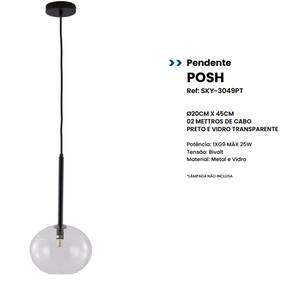 Pendente Posh Ø20cmx45 - Metal Preto E Vidro Champagne