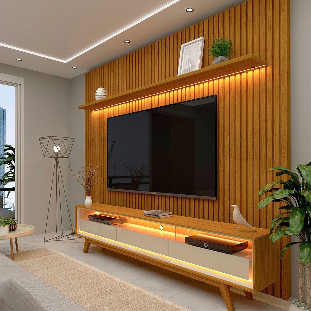 Painel e Rack Ripado com LED Nobre 230 Naturale Off White - Gelius