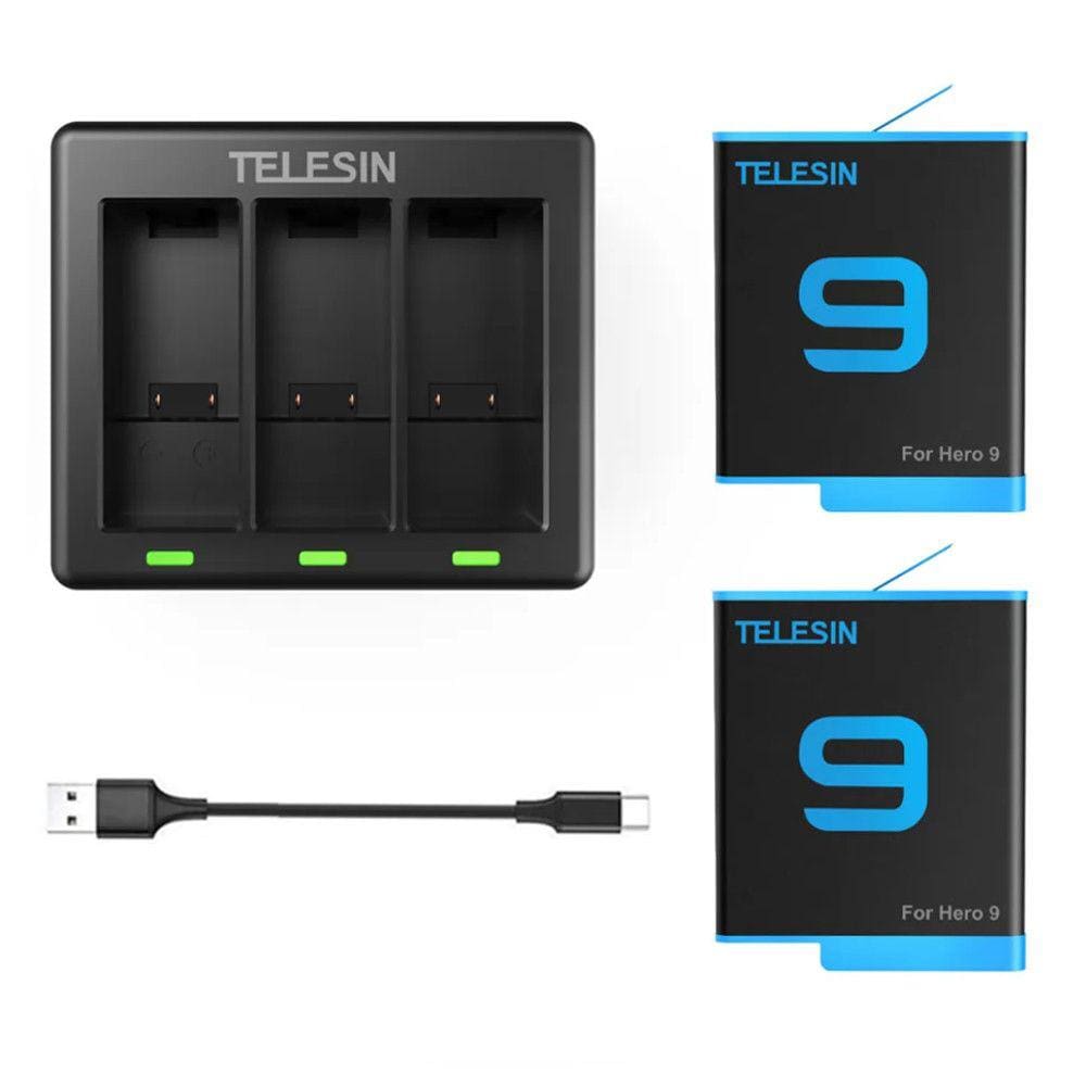 Carregador Triplo + 2 Baterias Telesin para GoPro 9 e 10 Black