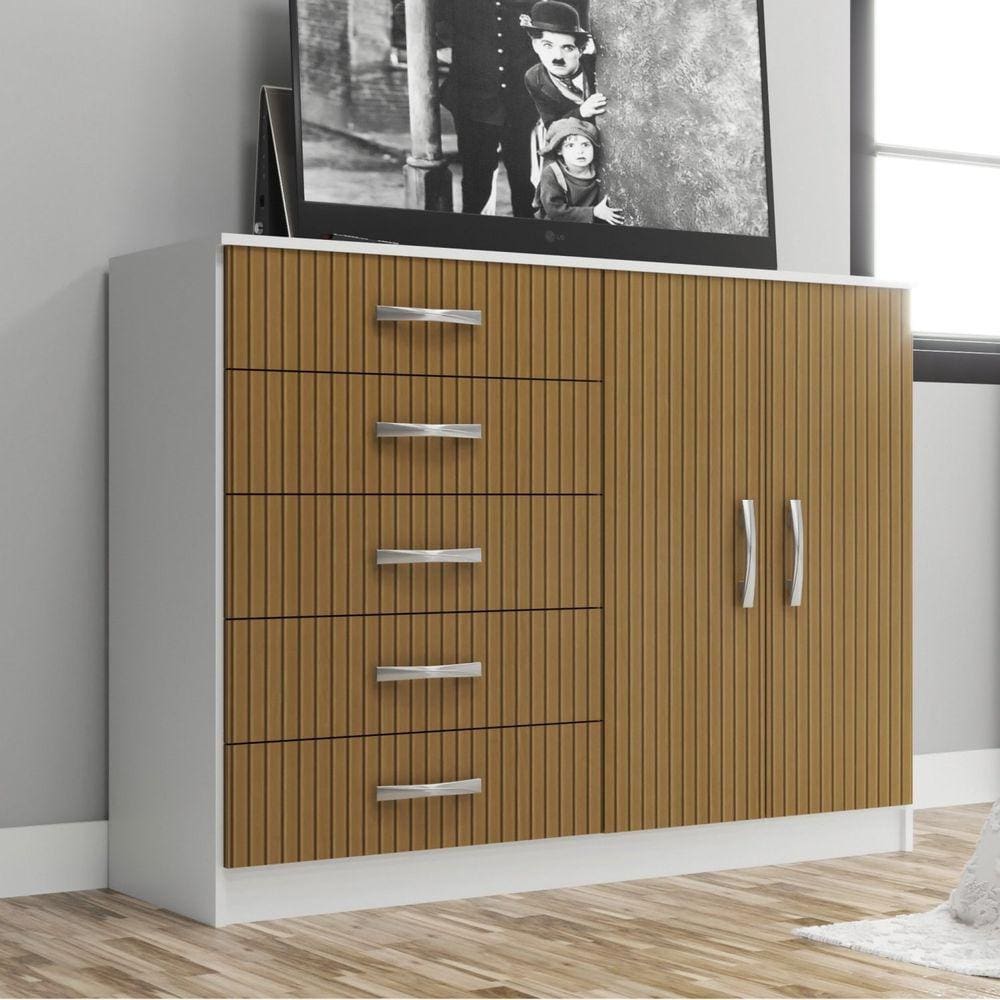Cômoda 2 Portas 5 Gavetas Evidência Móveis branco/canaletado