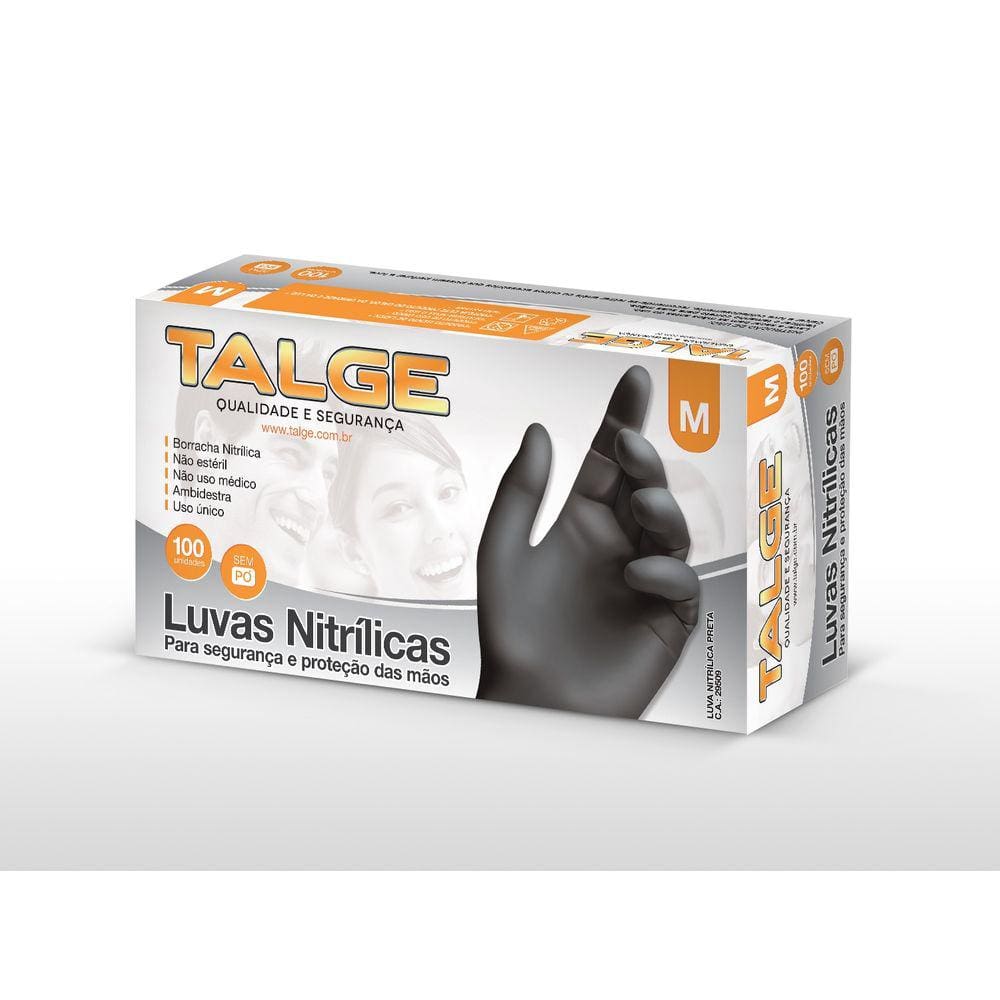 Luva Nitrilo Preta M sem pó Talge com 100 un