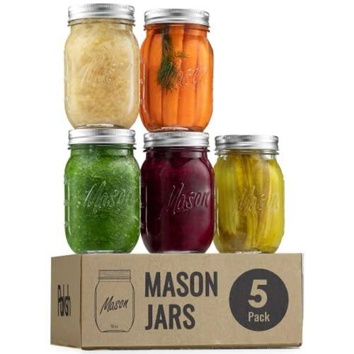 Paksh Novelty Mason Jars 16 oz - 5-Pack Potes regulares de vidro bucal com tampa & bandas de selo - Recipiente Hermético para Pickling, Canning, Velas