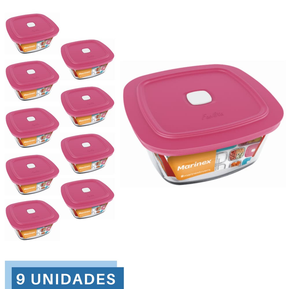9 Potes Vidro Facilita Vap Quadrado Com Tampa 1L Marinex
