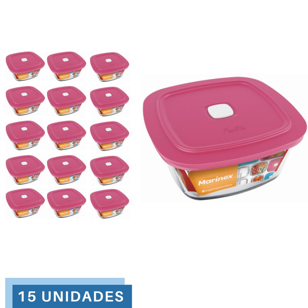 15 Potes Vidro Facilita Vap Quadrado Com Tampa 1L Marinex