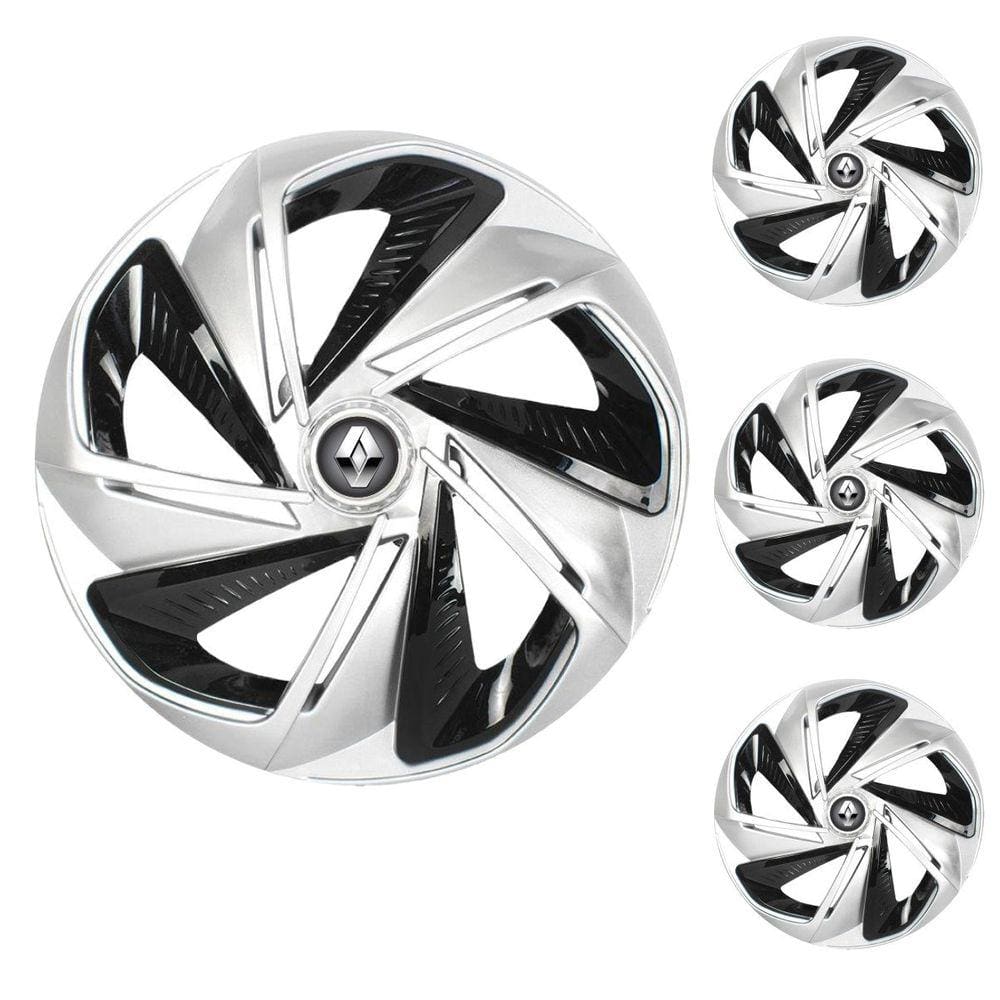 Jogo Calota Aro 14 Nitro X Silver Black Elitte Prata Preto + Emblema Resinado Renault (Sandero Logan Clio Scenic Megane Kwid)
