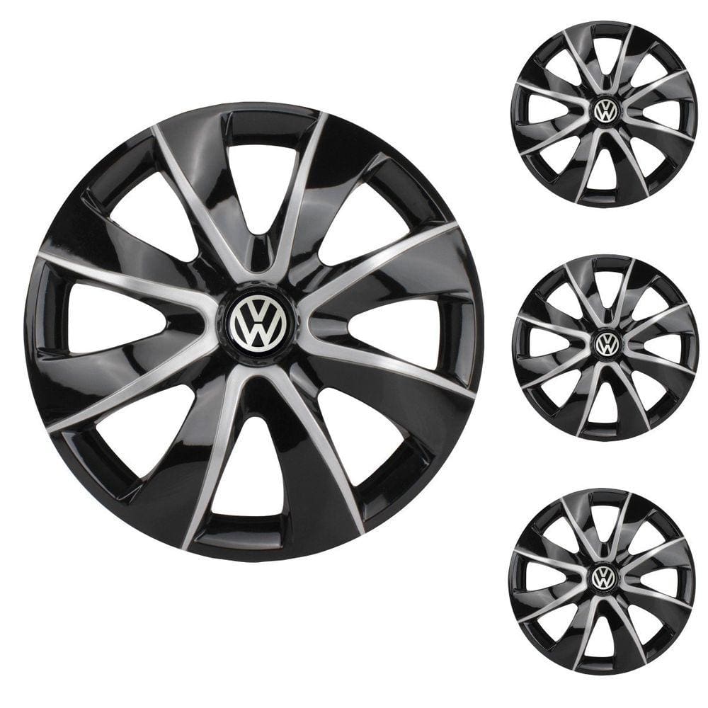 Jogo Calota Aro 14 Prime Black Silver Elitte Preto Prata + Emblema Resinado Volkswagen (Gol Parati Saveiro Voyage UP Santana Fox Polo Passat)