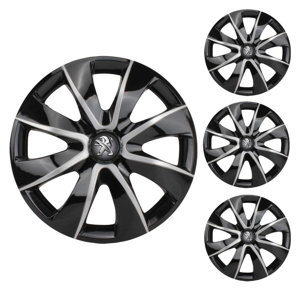 Jogo Calota Aro 14 Prime Black Silver Elitte Preto Prata + Emblema Resinado Peugeot (206 207 208 307)