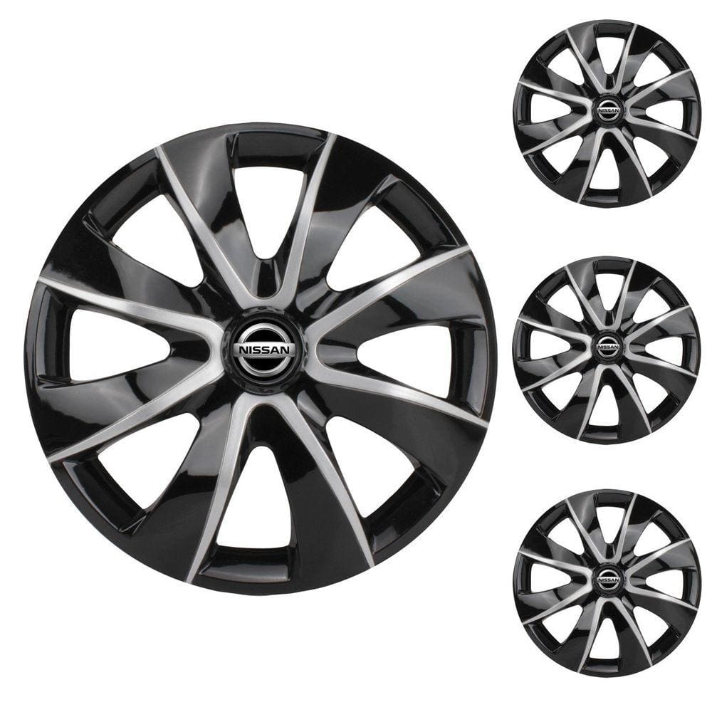 Jogo Calota Aro 14 Prime Black Silver Elitte Preto Prata + Emblema Resinado Nissan (March Versa Sentra)
