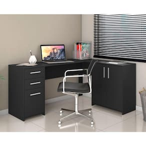 Mesa de Escritório em L 2 Gavetas 3 Portas Office NT 2005 Notável Móveis Preto Tx