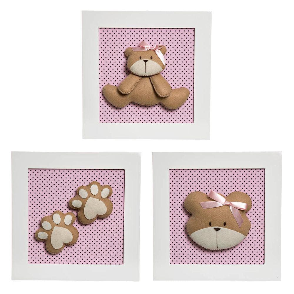 Trio De Quadros Ursa Quarto Bebê Infantil Menina