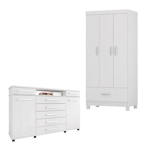 Cômoda London e Guarda Roupa Solteiro Prince Branco - Demóbile