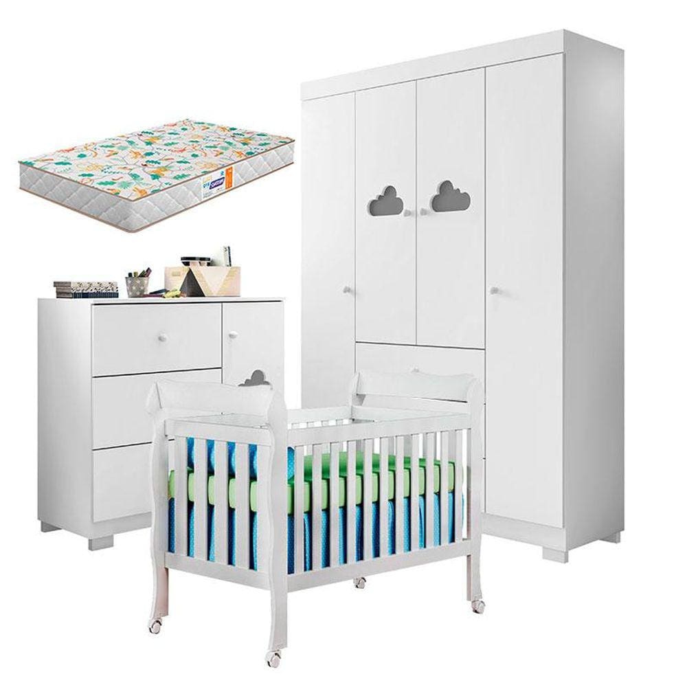 Quarto de Bebê Ane com Berço Americano Lila Branco Brilho e Colchão Gazin - Phoenix Baby