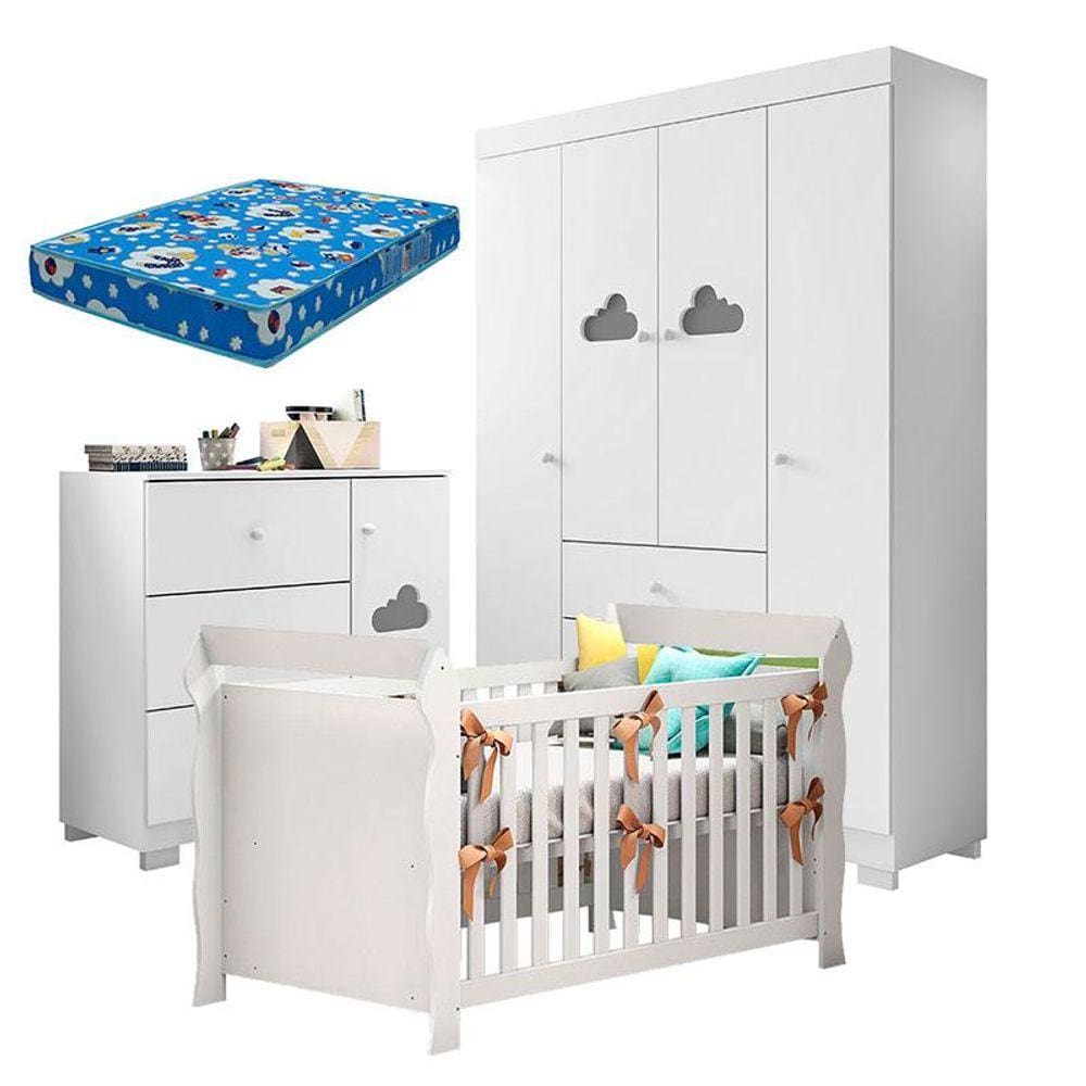 Quarto de Bebê Ane com Berço Americano Lara Branco Brilho com Colchão Ortobom - Phoenix Baby
