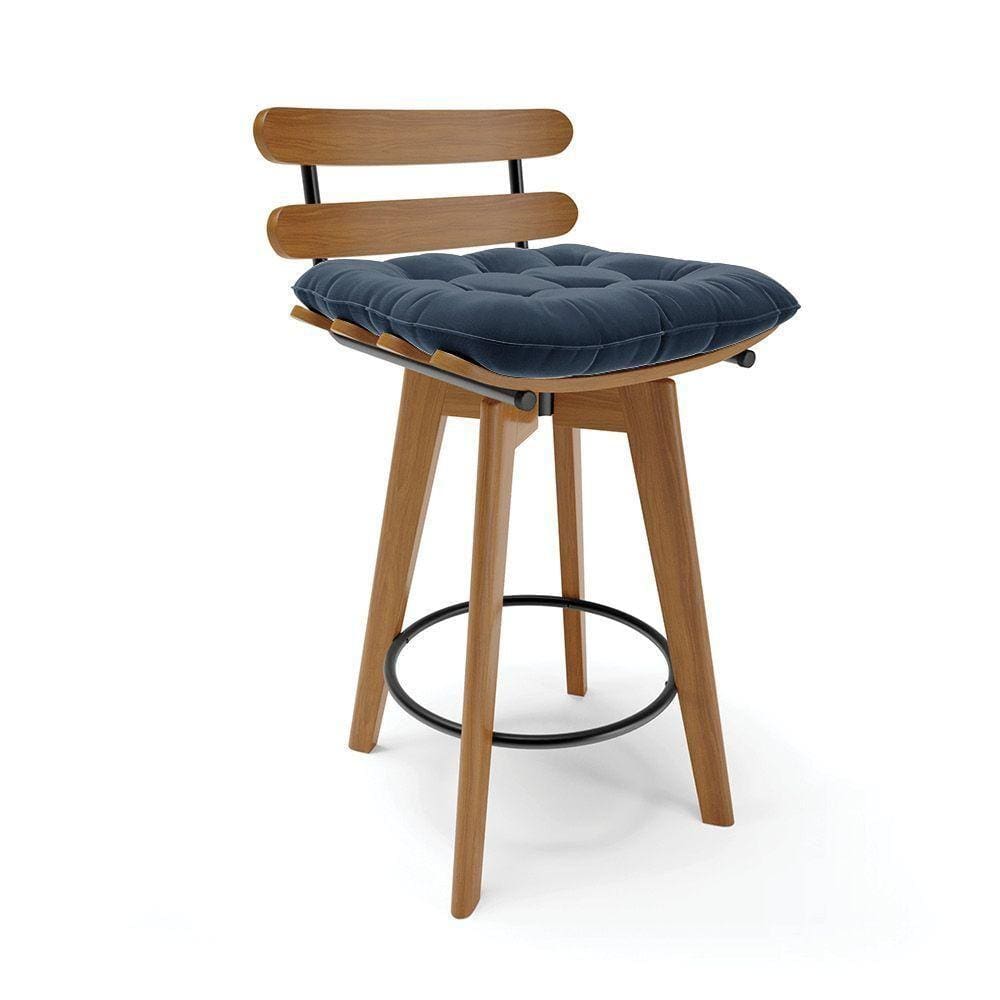 Banqueta Giratória Costela Suede Base Madeira Azul Marinho