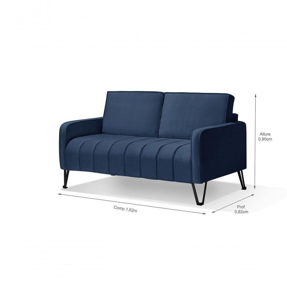 Sofá Living 2 Lugares C/ Pé De Ferro Preto Azul