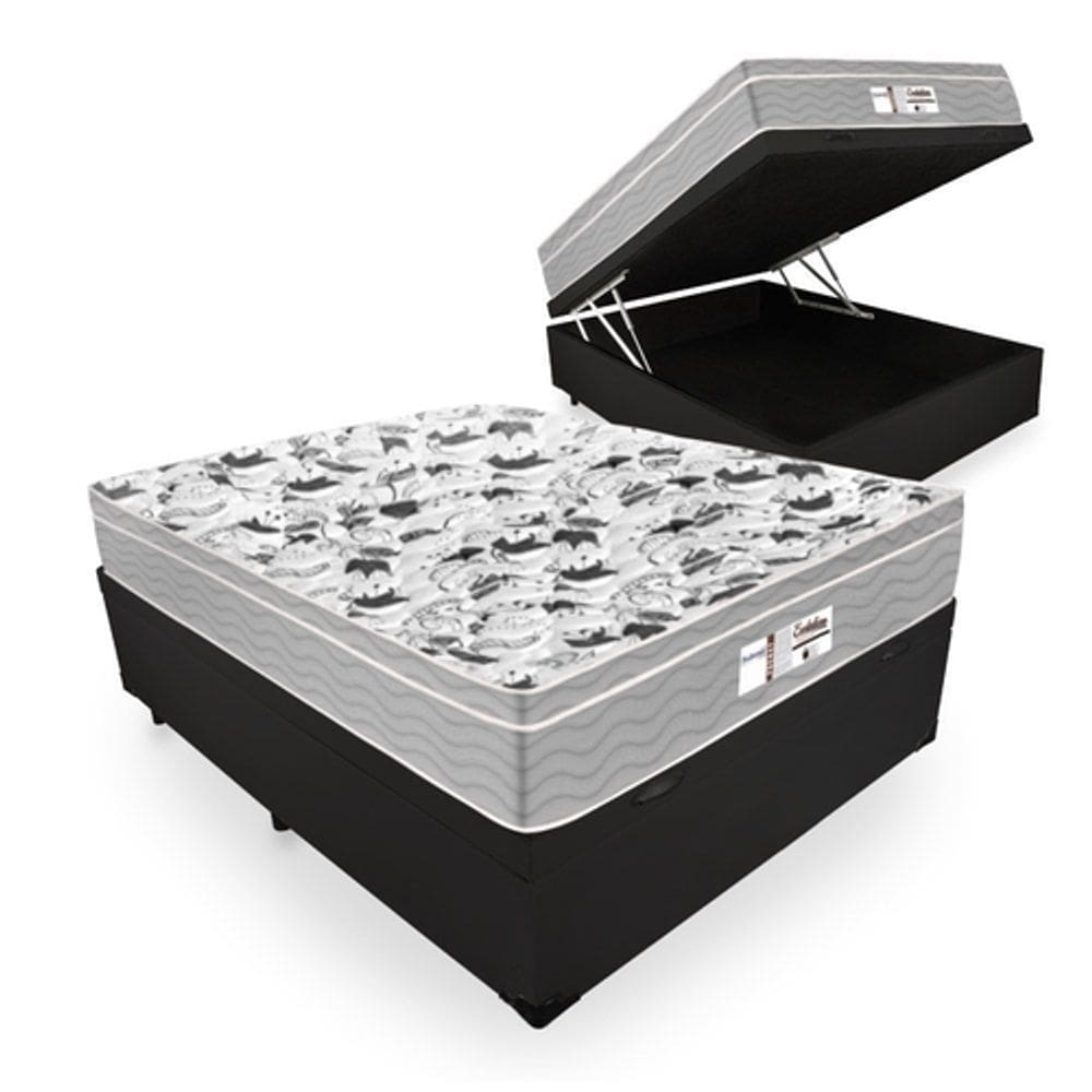 Cama Box Com Baú Casal Tecido Sintético Preto com Colchão De Molas Ensacadas - Probel - Evolution 138cm