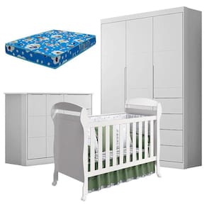 Quarto de Bebê Eloá com Berço Americano Danny Branco Acetinado e Colchão da Ortobom - Phoenix Baby