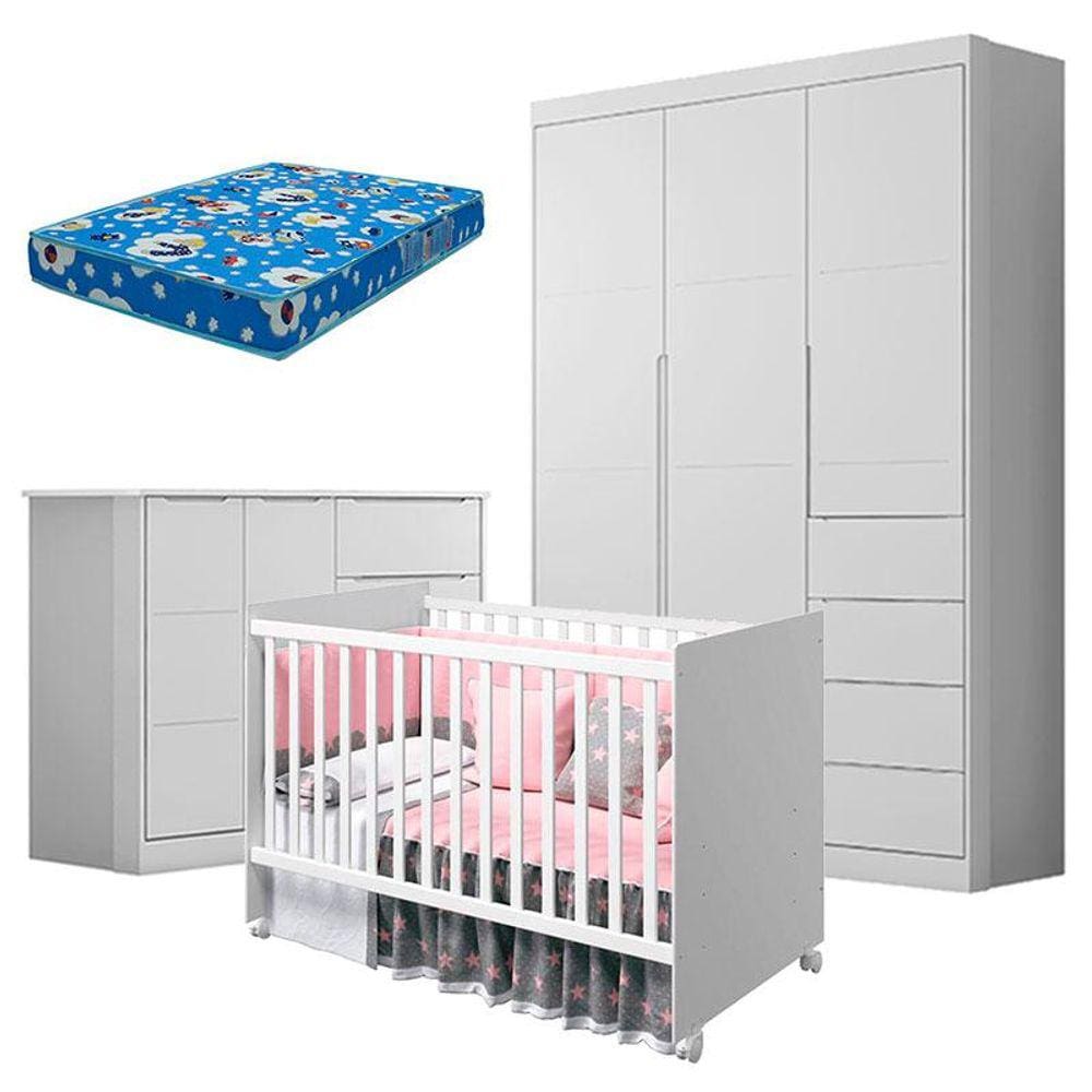 Quarto de Bebê Eloá com Berço Americano Tico Branco Acetinado e Colchão Ortobom - Phoenix Baby