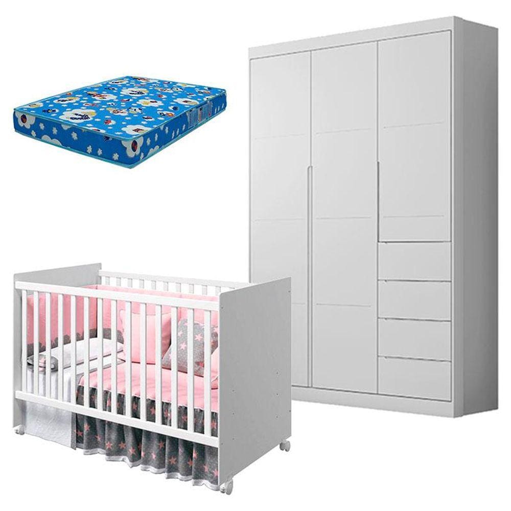 Berço Americano Tico e Guarda Roupa Infantil Eloá Branco Acetinado com Colchão Ortobom - Phoenix Baby