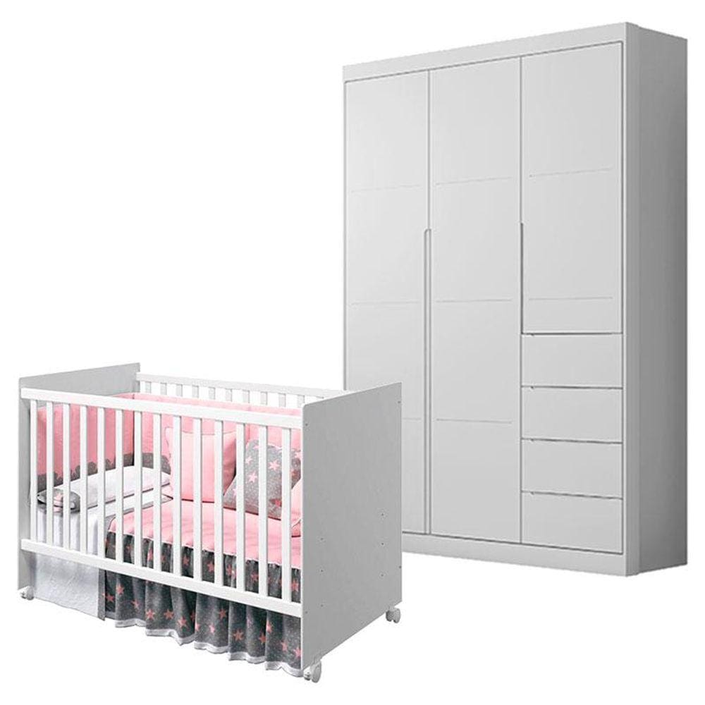 Berço Americano Tico e Guarda Roupa Infantil Eloá Branco Acetinado - Phoenix Baby