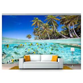 Papel De Parede Praia Mar Coqueiros Peixes 3D Npr242
