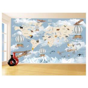 Papel De Parede 3D Mapa Mundi Kids Avião Balão 3,5M Nmu88