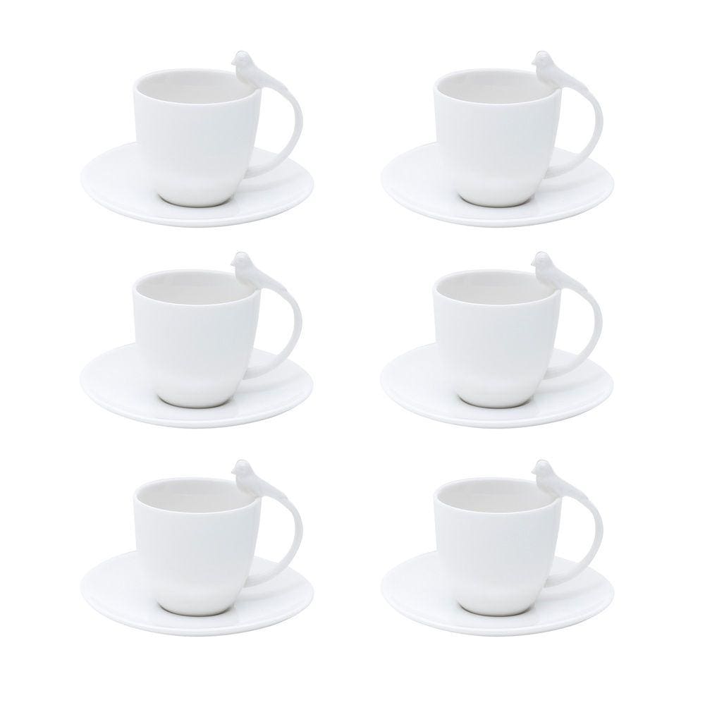 Cj 6 Xícaras P/Café C/Pires de Porcelana Birds Branco 85ml Wolff