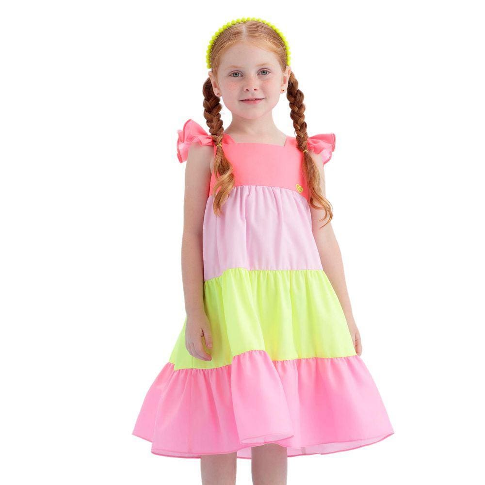 Vestido Flower Cream Rosa Neon Mon Sucre Infantil Verão 188