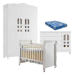 Quarto de Bebê New Selena 4 Portas com Cômoda Gran Selena e Berço Mirelle Branco Brilho e Colchão Ortobom - Carolina Móveis