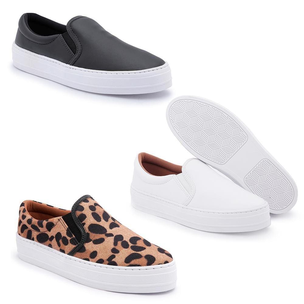 Kit 3 Slip On Feminino Flatform Cadarço Moderno Conforto
