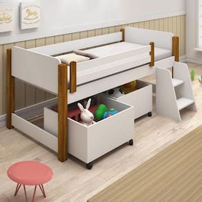 Cama de Criança Infantil Naty Solteiro com Nichos  - Branco/amêndoa