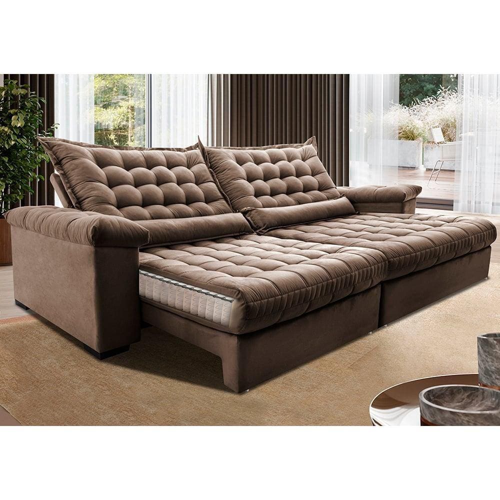 Sofá Retrátil e Reclinável 2,55m Molas Ensacadas Cama inBox Big Space. com Bordado 3D Velusoft