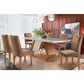 Conjunto: Mesa Sala Jantar Alvorada c/ Tampo Madeirado c/ Vidro Canto Reto 180cm + 6 Cadeiras Lunara Imbuia/Chocolate - Rufato