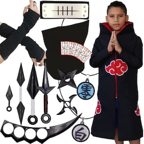 Kit Akatsuki C/ Manto Infantil + Colar Nuvem Vermelha + 8pçs