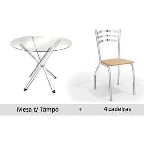 Conjunto: Mesa Sala Jantar Volga c/ Tampo Vidro 95cm + 4 Cadeiras Portugal Cromado/Courano Nude - Kappesberg