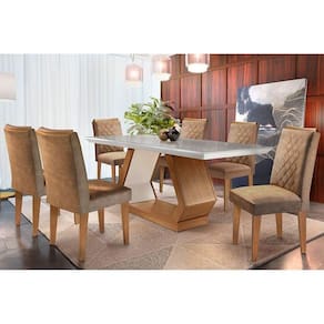 Conjunto: Mesa Sala Jantar Alvorada Tampo Madeirado c/ Vidro 180cm Canto Reto + 6 Cadeiras Jade Imbuia/Chocolate - Rufato