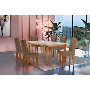 Conjunto: Mesa Sala Jantar Londrina c/ Tampo Madeirado c/ Vidro 180cm + 6 Cadeiras Londrina Imbuia/Animale Chocolate - Rufato