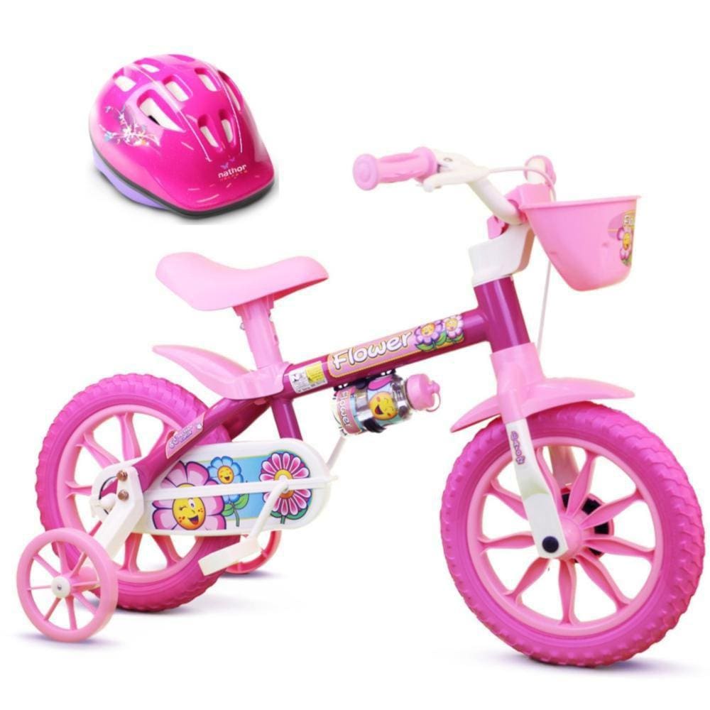 Bicicleta Criança Aro 12 Menina Flower Com Capacete Nathor