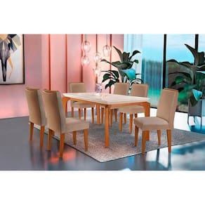 Sala de Jantar Completa Londrina Tampo Madeirado c/ Vidro 180cm + 6 Cadeiras Lunara Imbuia/Linho Rústico - Rufato
