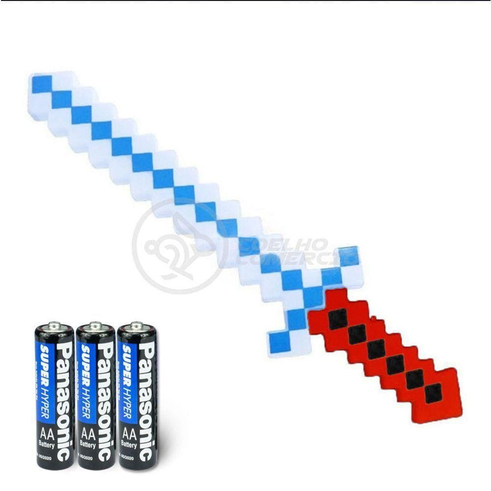 Kit Brinquedo Espada Pixel Minecraft 58cm C/Som Luz+3 Pilhas