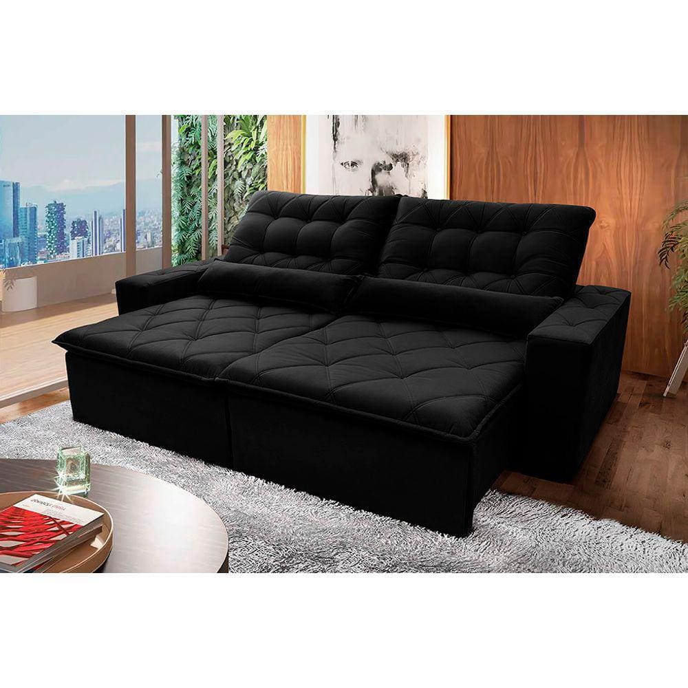 Sofá Retrátil Reclinável Islândia 2,10m Suede Velut Preto c/ Molas no Assento - King House